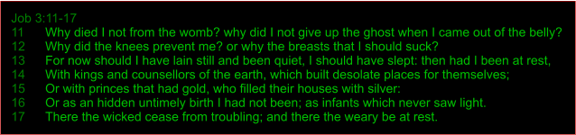 Job 3:11-17 11	Why died I not from the womb? why did I not give up the ghost when I came out of the belly? 12	Why did the knees prevent me? or why the breasts that I should suck? 13	For now should I have lain still and been quiet, I should have slept: then had I been at rest, 14	With kings and counsellors of the earth, which built desolate places for themselves; 15	Or with princes that had gold, who filled their houses with silver: 16	Or as an hidden untimely birth I had not been; as infants which never saw light. 17	There the wicked cease from troubling; and there the weary be at rest.