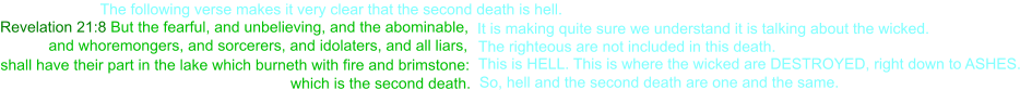 Revelation 21:8 But the fearful, and unbelieving, and the abominable,  It is making quite sure we understand it is talking about the wicked.     and whoremongers, and sorcerers, and idolaters, and all liars,    shall have their part in the lake which burneth with fire and brimstone:  This is HELL. This is where the wicked are DESTROYED, right down to ASHES. The righteous are not included in this death. which is the second death. So, hell and the second death are one and the same. The following verse makes it very clear that the second death is hell.