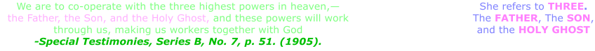 We are to co-operate with the three highest powers in heaven,— the Father, the Son, and the Holy Ghost, and these powers will work through us, making us workers together with God -Special Testimonies, Series B, No. 7, p. 51. (1905). She refers to THREE. The FATHER, The SON, and the HOLY GHOST