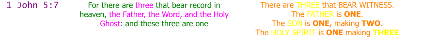 1 John 5:7 For there are three that bear record in heaven, the Father, the Word, and the Holy Ghost: and these three are one There are THREE that BEAR WITNESS. The FATHER is ONE. The SON is ONE, making TWO. The HOLY SPIRIT is ONE making THREE