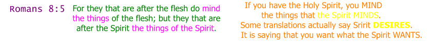 Romans 8:5 For they that are after the flesh do mind the things of the flesh; but they that are after the Spirit the things of the Spirit. If you have the Holy Spirit, you MIND the things that the Spirit MINDS. Some translations actually say Sririt DESIRES. It is saying that you want what the Spirit WANTS.